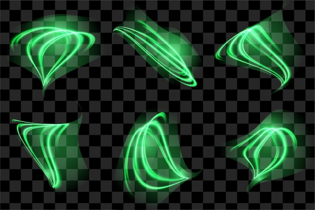 Conjunto de líneas de onda transparentes aisladas abstractas verdes para fondo negro. Kit de elementos de diseño
