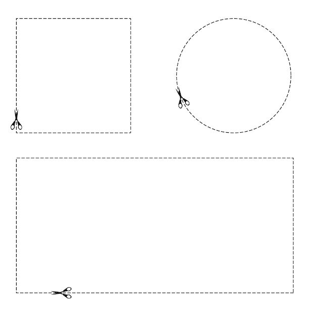 Conjunto de líneas punteadas de rectángulos cuadrados y formas circulares con tijeras de líneas cortadas