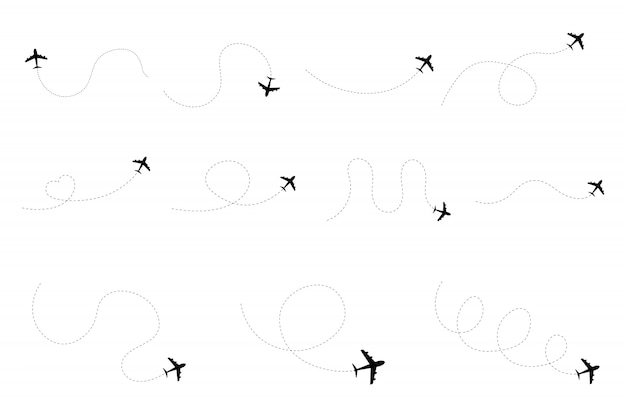 Conjunto de líneas de ruta de puntos de avión. Ruta de ruta turística de vuelo. Icono de ruta de línea de avión de ruta de vuelo de avión con punto de inicio y trazo de línea de trazos