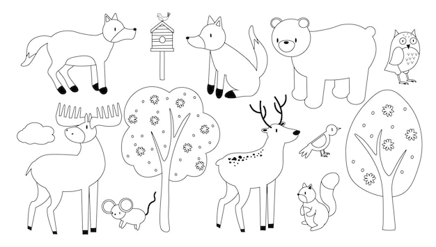 Vector conjunto de líneas vectoriales de animales del bosque esquema de animales del bosque para colorear, incluido alce oso ciervo zorro conejo ardilla búho pájaro eps