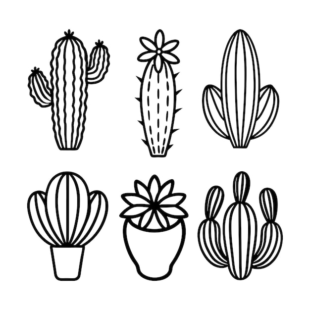 Conjunto de líneas vectoriales de cactus aisladas sobre un fondo blanco