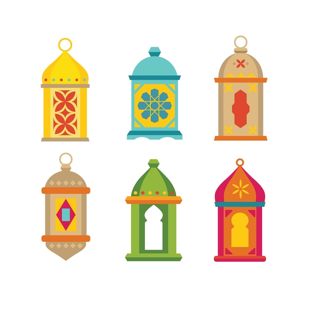 Conjunto de linternas árabes Coloridos iconos decorativos de lámparas de Ramadán Colección de objetos vectoriales aislados Diseño plano