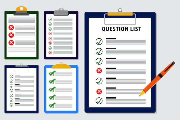 conjunto de lista de encuestas o informe de lista de cuestionarios en vector eps de estilo plano