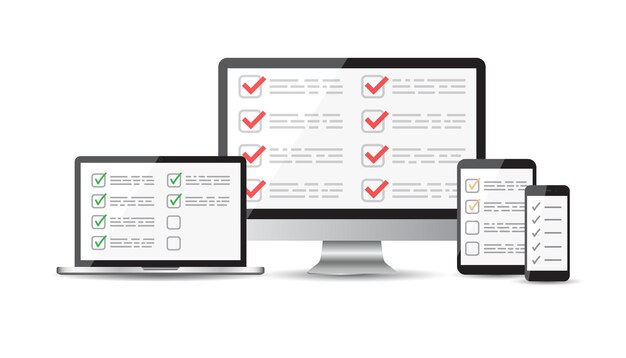 Conjunto de listas de verificación de encuestas en línea Pantalla en blanco móvil de la computadora de la tableta Concepto de negocio de retroalimentación Ilustración de vector plano para la aplicación móvil del sitio web