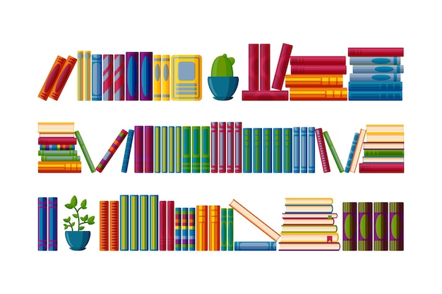 Vector conjunto de literatura con libros conjunto para estantes de librería en estilo de dibujos animados ilustración vectorial