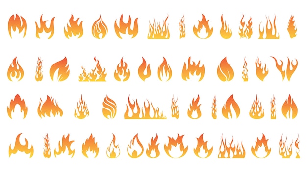 Conjunto de llamas de fuego Colección de elementos de energía y poder en llamas calientes ilustración en estilo plano