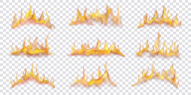 Conjunto de llamas de fuego horizontales translúcidas sobre fondo transparente