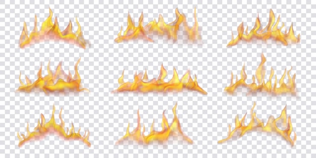 Vector conjunto de llamas de fuego horizontales translúcidas sobre fondo transparente