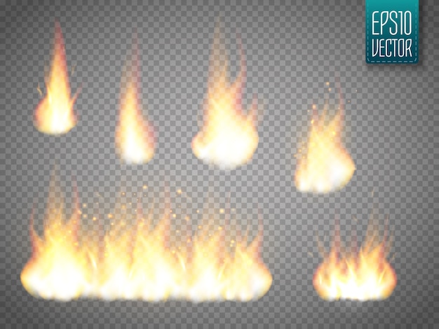 Conjunto de llamas de fuego vector aislado en transparente