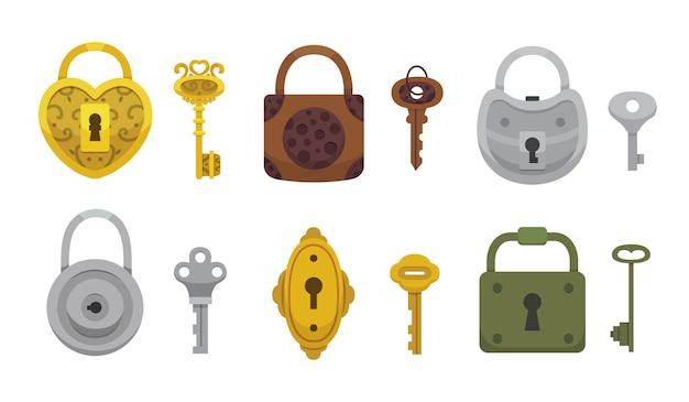 Conjunto de llaves y cerraduras vintage Candado de dibujos animados de ilustración vectorial Misterio secreto o icono seguro