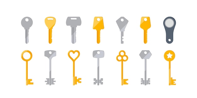 Conjunto de llaves de puerta modernas y clásicas aisladas sobre fondo blanco, plata, oro, llaves magnéticas. Cuento de hadas mágico, secreto, alquiler de casa, propiedad, concepto de bienes raíces. Ilustración vectorial de dibujos animados, iconos