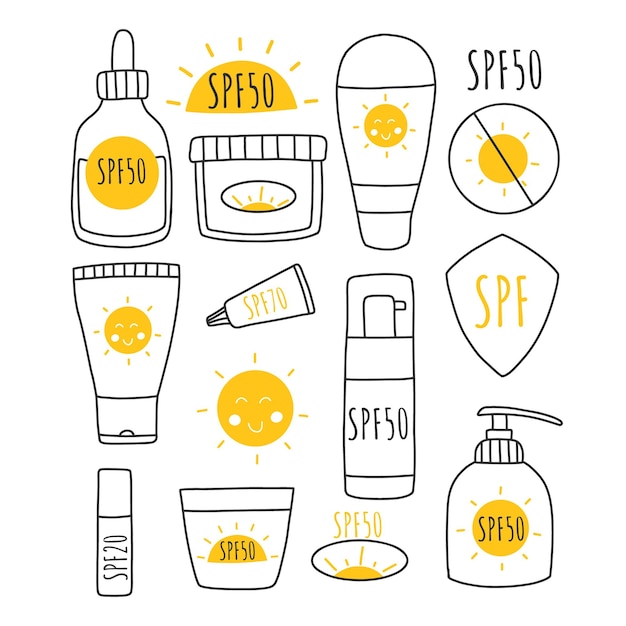 Conjunto de lociones de protección solar con protección solar spf y seguridad solar loción de protección solar con loción de protección solar spf ilustración vectorial dibujada a mano aislada estilo doodle