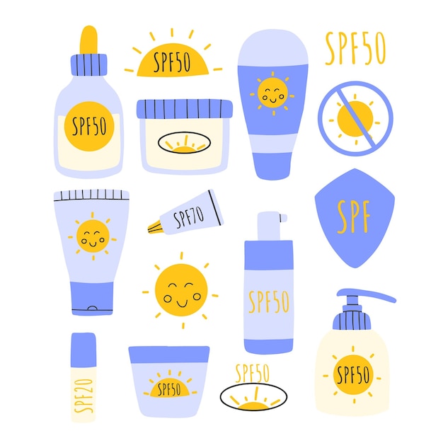 Conjunto de lociones de protección solar con protección solar SPF y seguridad solar Loción de protección solar con loción de protección solar SPF ilustración vectorial dibujada a mano aislada Estilo plano