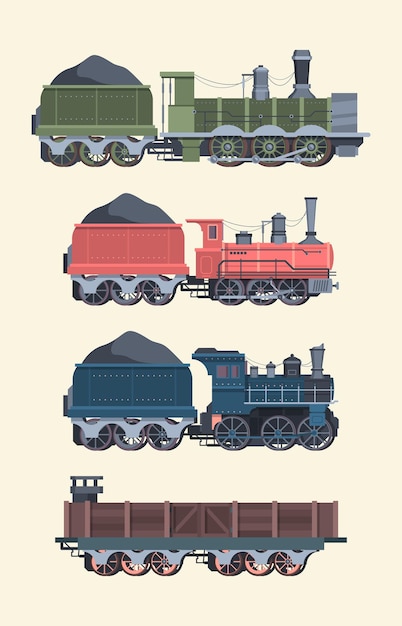 Conjunto de locomotoras de vapor retro. Antiguos trenes de vapor, remolques de carbón, viajes en tren clásico con humo, diseños de colores artísticos, símbolo de transporte cómodo, industria del transporte