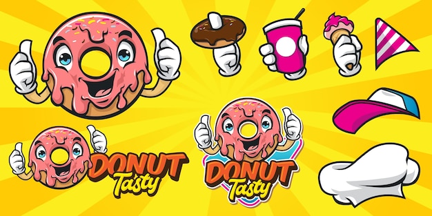 Vector conjunto de logo de donut de dibujos animados feliz