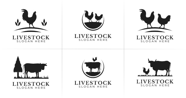 Vector conjunto de logo de ganado con concepto de pollo y vaca para símbolo de granja