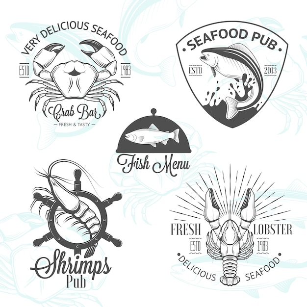 Vector conjunto de logos de marisco vintage con pescado.