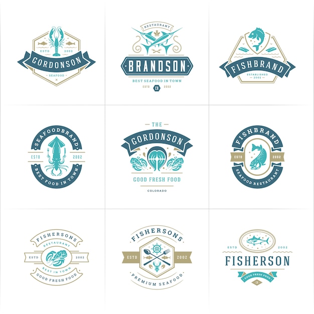 Conjunto de logos de pescadería y restaurante.