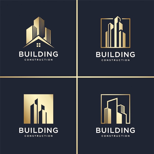 Conjunto de logotipo abstracto de construcción, dorado, moderno, concepto, gradiente, inmobiliario, Premium