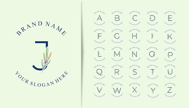 Vector conjunto de logotipo de alfabeto con hermosas hojas dibujadas a mano