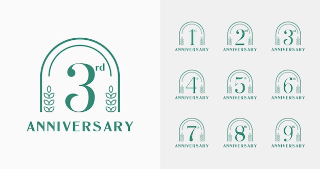 Conjunto de logotipo de aniversario mínimo para celebración de cumpleaños con naturaleza y concepto femenino