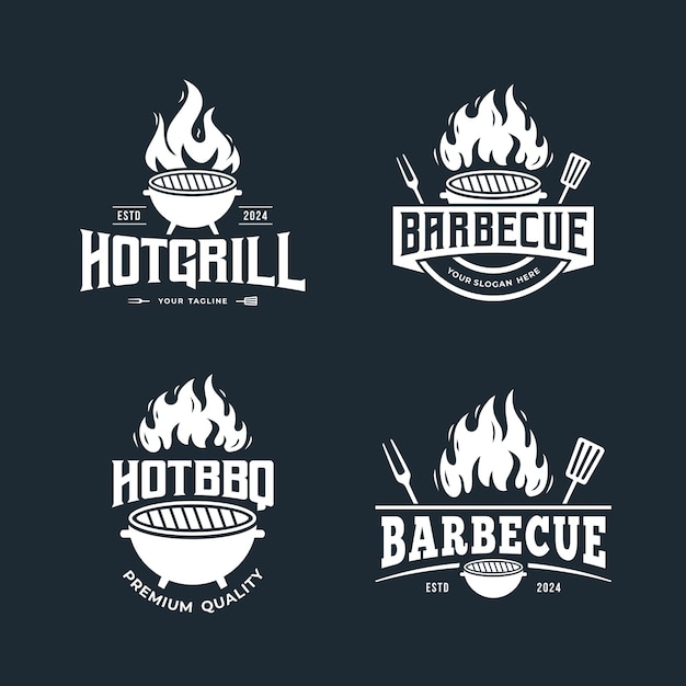 conjunto de logotipo de barbacoa con espátula y plantilla vectorial de parrilla