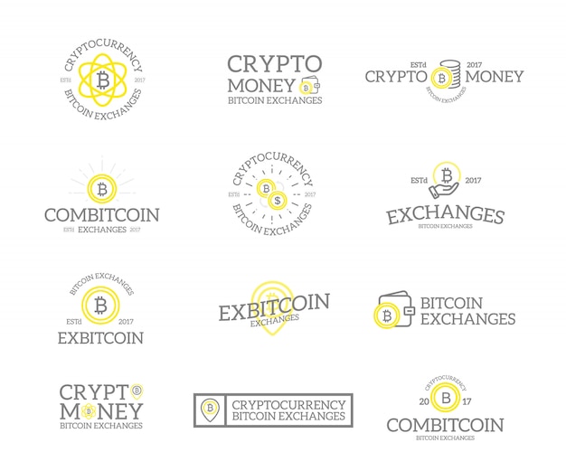 Conjunto de logotipo de bitcoin y criptomoneda.