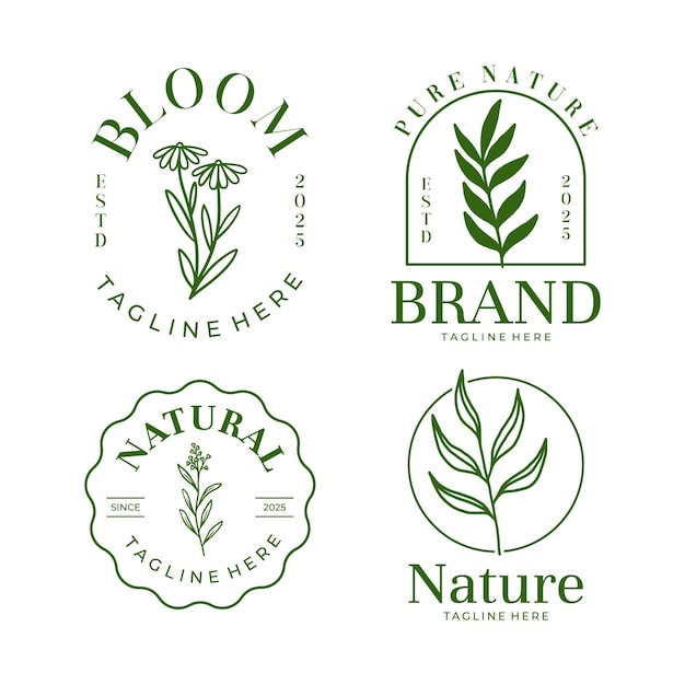 Conjunto de logotipo botánico con vector de arte de línea de hojas