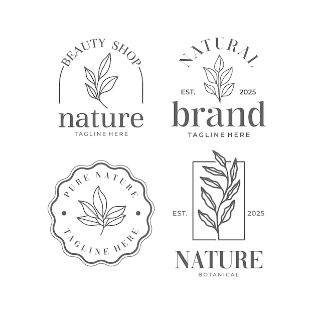 Conjunto de logotipo botánico con vector de arte de línea de hojas