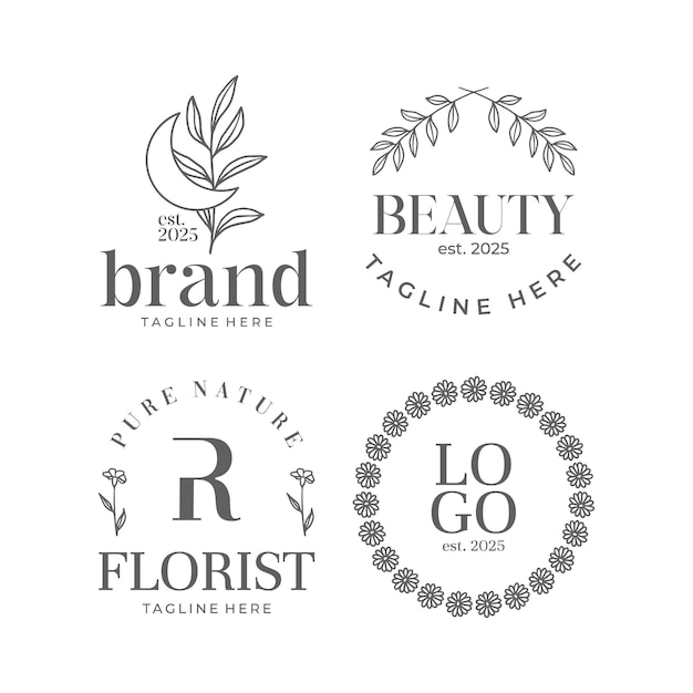 Conjunto de logotipo botánico con vector de arte de línea de hojas