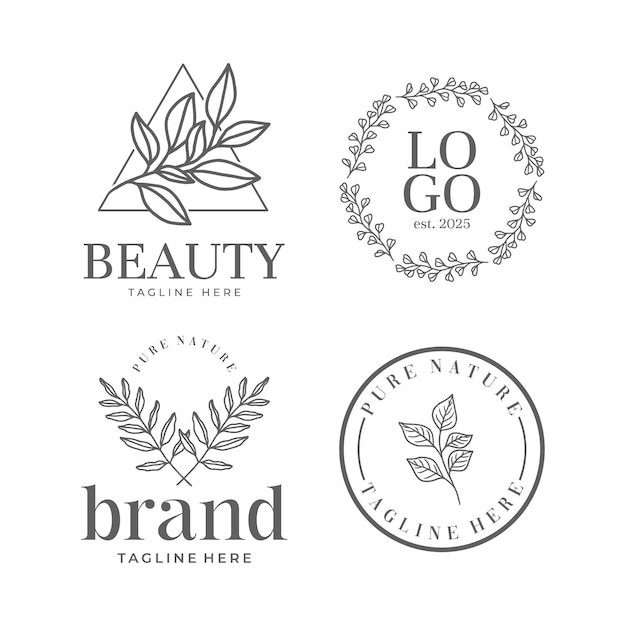 Conjunto de logotipo botánico con vector de arte de línea de hojas