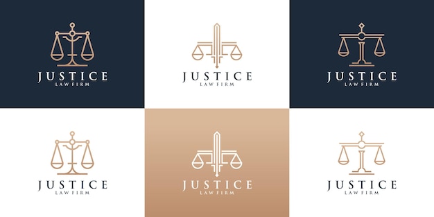 Conjunto de logotipo de bufete de abogados con color dorado.