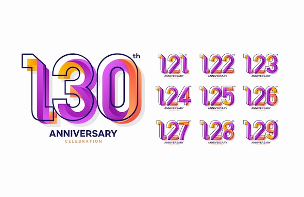 Conjunto de logotipo de celebración de aniversario colorido 121, 122, 123, 124, 125, 126, 127, 128, 129, 130