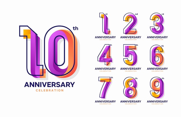 Conjunto de logotipo de celebración de aniversario moderno y colorido. 1, 2, 3, 4, 5, 6, 7, 8, 9, 10