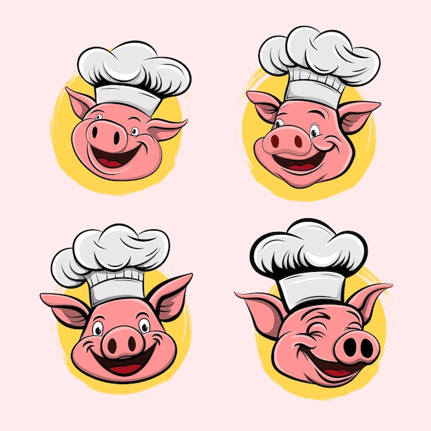 conjunto, de, logotipo, cerdo, chef