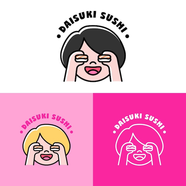 Vector conjunto de logotipo de chica amante del sushi divertido