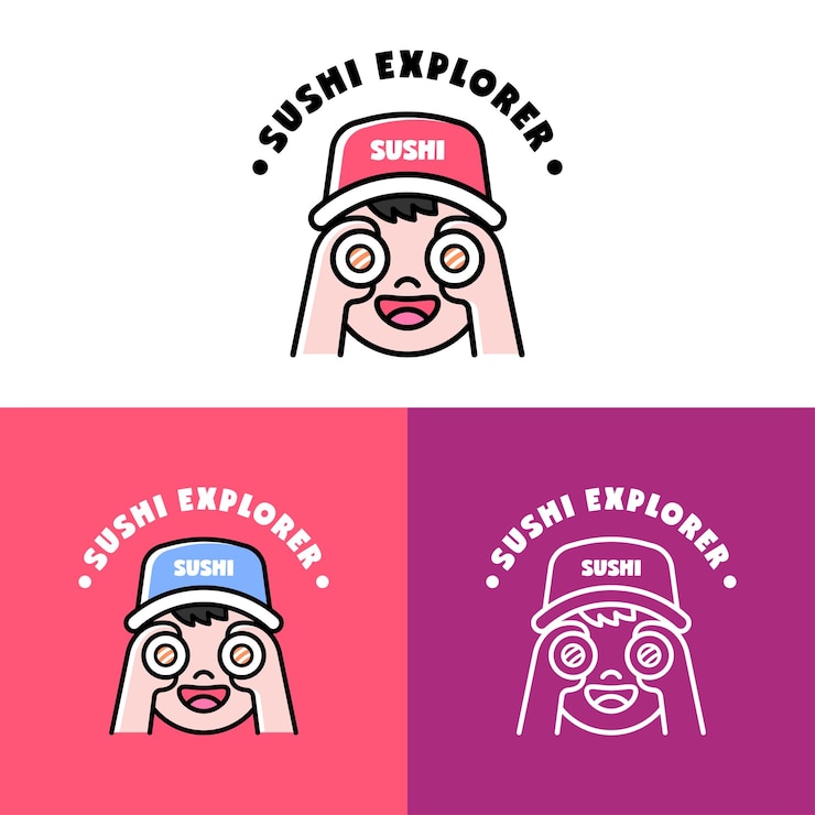 Vector conjunto de logotipo de chico explorador de sushi divertido