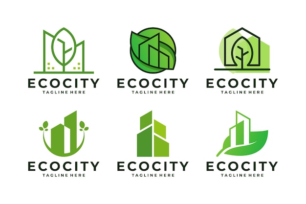 Conjunto de logotipo de ciudad verde Concepto de diseño de logotipo residencial respetuoso con el medio ambiente