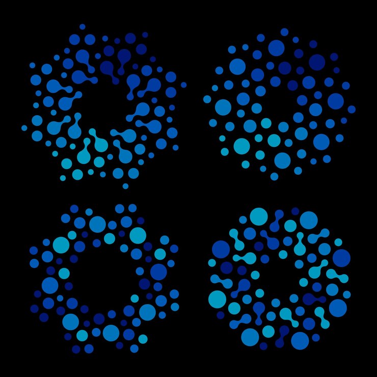 Vector conjunto de logotipo de color azul de forma redonda abstracta aislada ilustración de vector de elemento de agua de colección de logotipo punteado sobre fondo negro