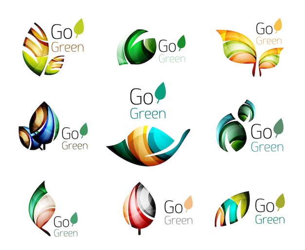 Conjunto de logotipo de concepto de hojas abstractas multicolores en la naturaleza