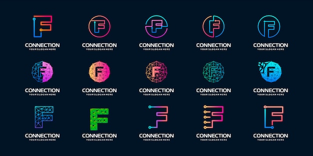 Conjunto de logotipo creativo letra f moderna tecnología digital. el logotipo se puede utilizar para tecnología, digital, conexión, compañía eléctrica.