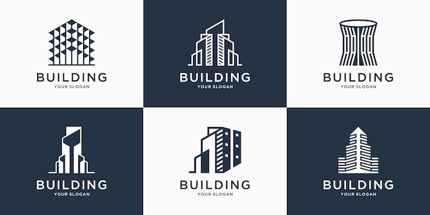 conjunto de logotipo de edificio elegante con concepto de arte lineal abstracto de edificio de ciudad para inspiración de logotipo