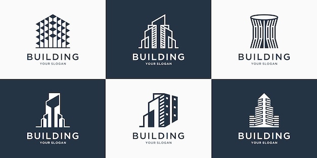 Conjunto de logotipo de edificio elegante con concepto de arte lineal abstracto de edificio de ciudad para inspiración de logotipo