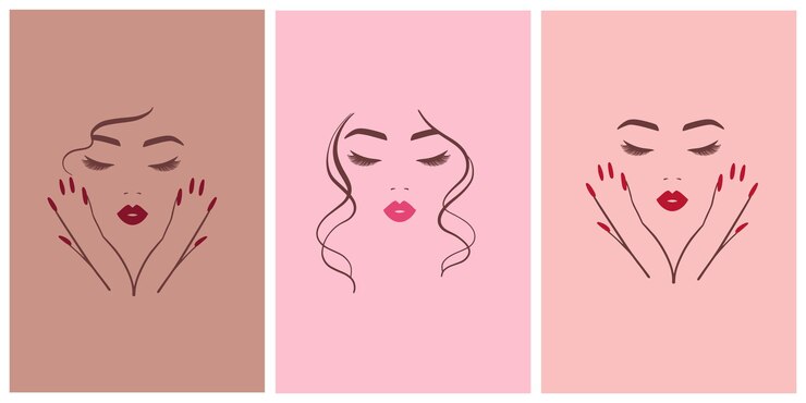 Vector conjunto de logotipo elegante para un salón de belleza, estudio de uñas, retrato de mujer de línea con las manos labios brillantes