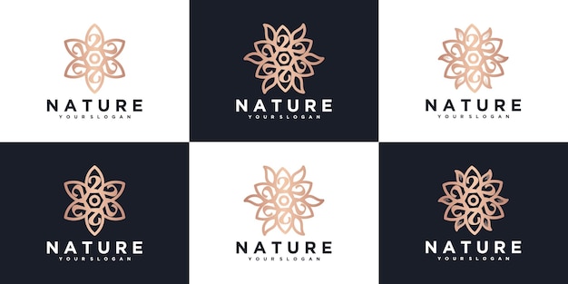 Conjunto de logotipo de flor de moda de lujo femenino estilo lineal abstracto