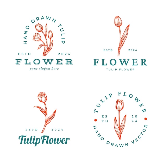 Conjunto de logotipo de flor de tulipán dibujado a mano Colección de diseño de emblema botánico floral