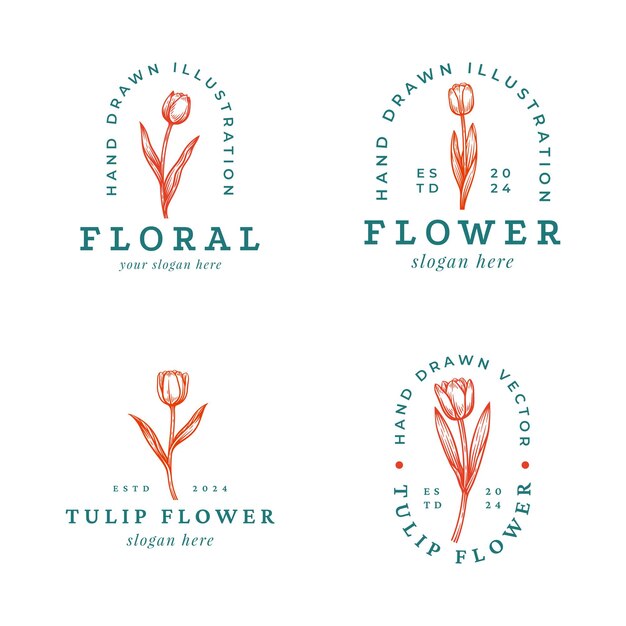 Conjunto de logotipo de flor de tulipán dibujado a mano Colección de diseño de emblema botánico floral