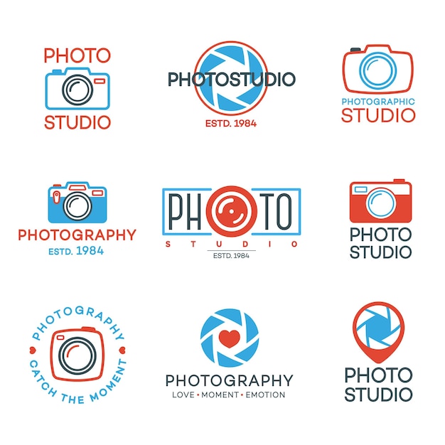 Conjunto de logotipo de fotografía y etiqueta de estudio fotográfico color elementos de diseño vectorial signos comerciales logotipos etiquetas de identidad insignias y otros objetos de marca para su negocio ilustración vectorial