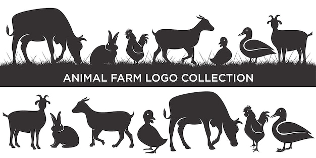 Conjunto de logotipo de ganado con vaca, pollo, cabra, pato, conejo y cerdo Insignia o logotipo de etiqueta