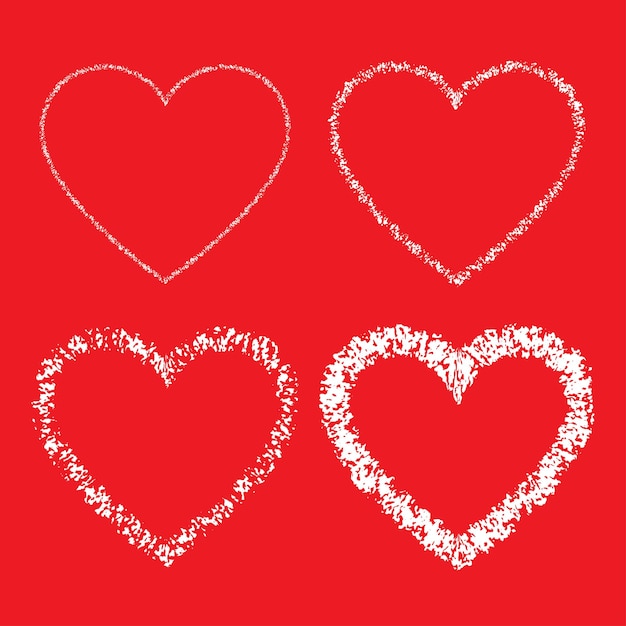 Conjunto de logotipo Grunge Heart dibujado a mano en blanco sobre fondo rojo